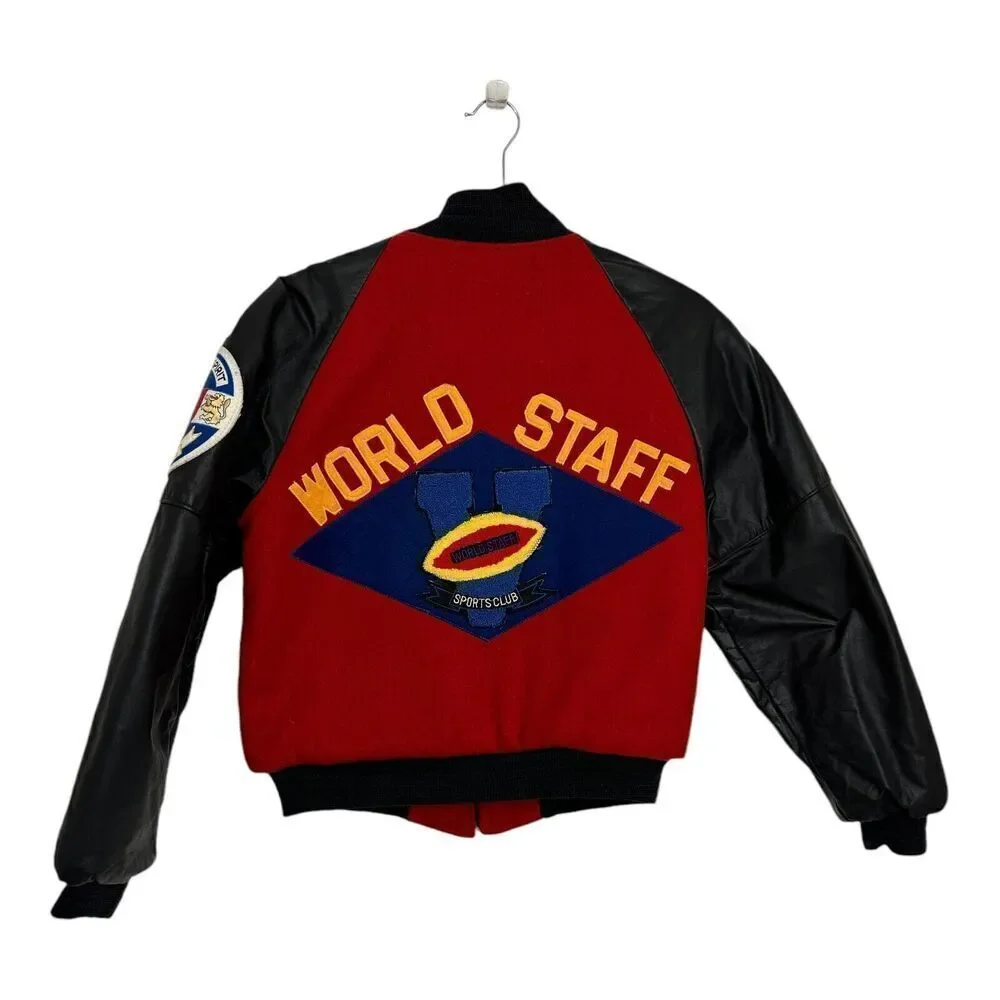 Bloomingdale's Varsity Jacket Boys Medium Red‎ Black Excellent World Staff Patch